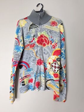 Custo Barcelona Vintage Zip Sweater Beaded Graphic Rare Wool Size M